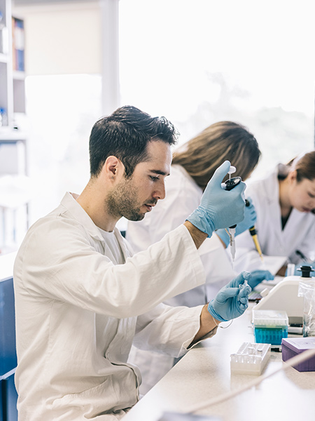 Scientists working in laboratory and pouring chemical liquid into flask