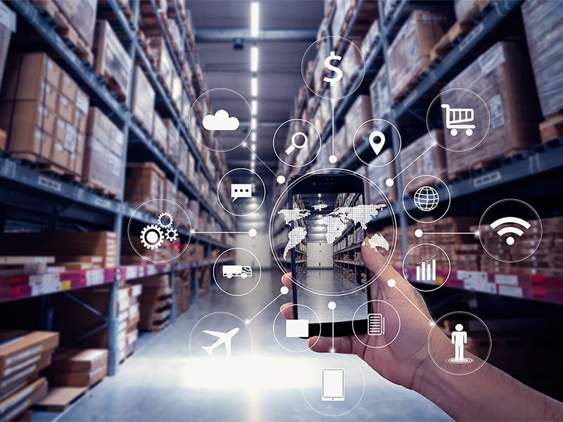 Warehouse shelfs with digital to highlight the connected supply chain