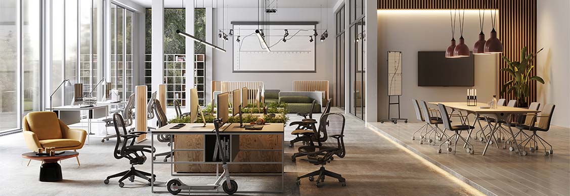 Large and modern office interiors. 3D rendering of fully furnished big office space.