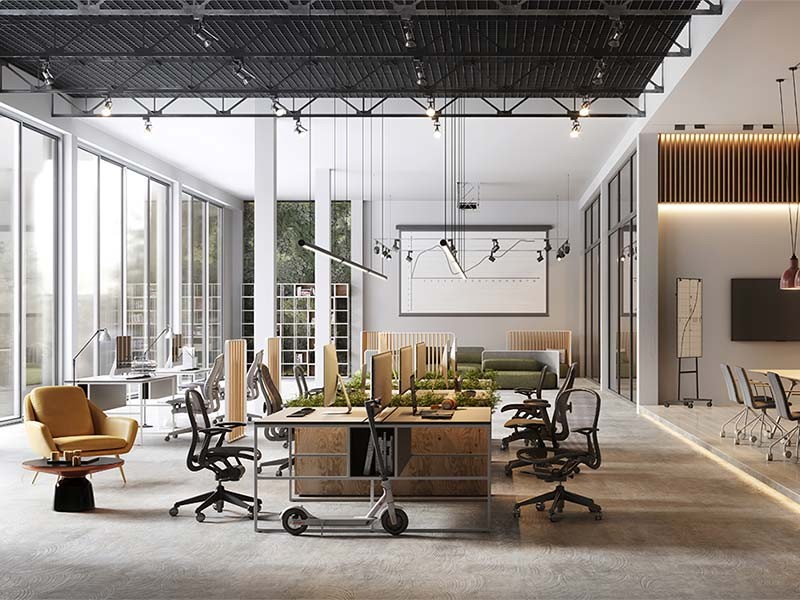 Large and modern office interiors. 3D rendering of fully furnished big office space.