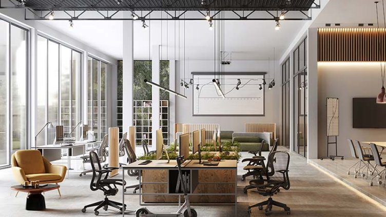 Large and modern office interiors. 3D rendering of fully furnished big office space.