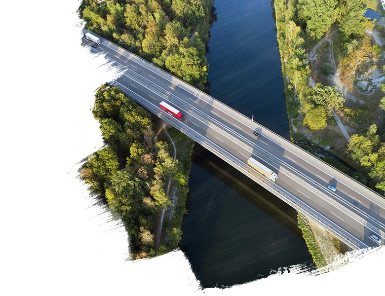 Aerial view of highway bridge with two tracks over Danube River, Bavaria, Germany