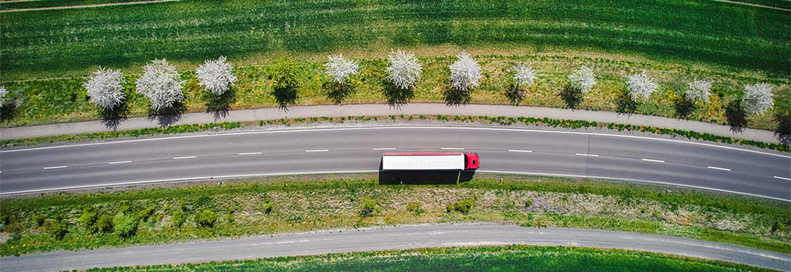 Drone shot direct above a truck moves along a single road.